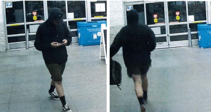 Photo of male wearing dark shorts, hoodie, and black white-laced Nikes entering and leaving Wal-Mart.